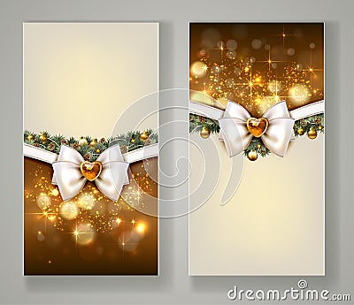 Two elegant Christmas greeting cards with bow and jewelry. Vector Illustration