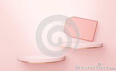 Two elegant round pink shelves with an empty label. For inserting shoes, bags and other goods. 3d rendering Stock Photo