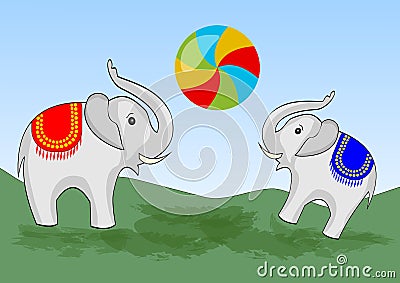 Two elephants playing with colorful beach ball on green meadow. Vector children illustration. Vector Illustration