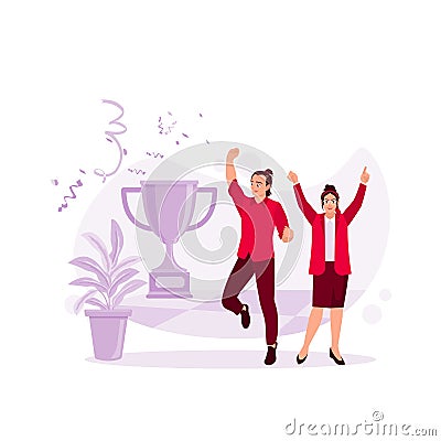 Two employees are happy because they won the competition, with a big trophy beside them. Celebrate victory with confetti. Vector Illustration