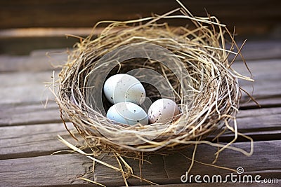 two empty bird nests, one filled with eggs Stock Photo
