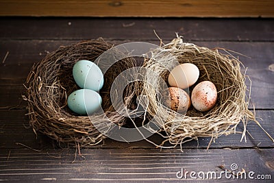 two empty bird nests, one filled with eggs Stock Photo