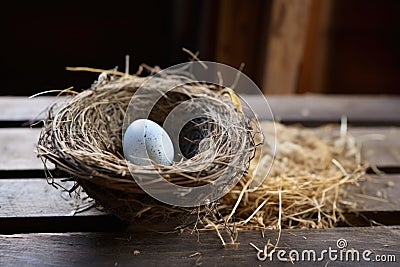 two empty bird nests, one filled with eggs Stock Photo