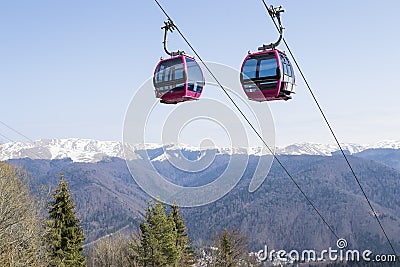Two empty cable cars climbing Stock Photo
