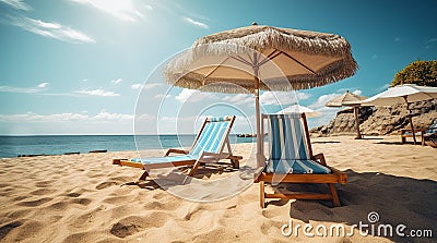 Two sunbeds under an umbrella on a sunny beach, generative ai Stock Photo