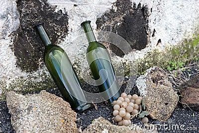 Two empty wine bottles as advertising in front of the entrance of the winery Stock Photo