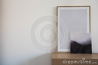 Two empty wooden frame mockup. Interior poster design on white wall scandanavian design Stock Photo