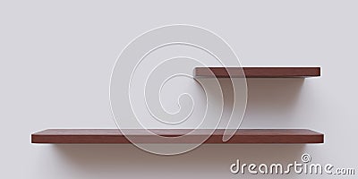 Two empty wooden shelf a small and a large isolated cutout on white color wall background. 3d render Stock Photo