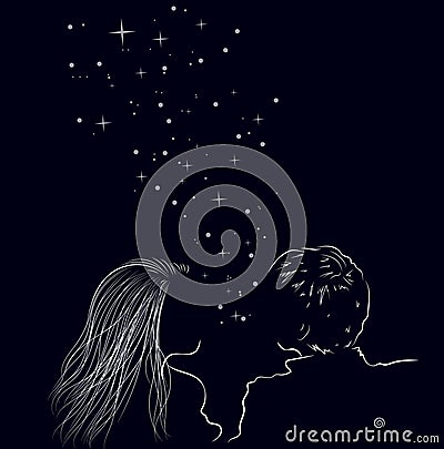 Two enamored lovers on the night sky with shining stars, illustration. Vector Illustration