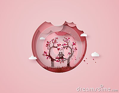 Two enamored under a love tree Vector Illustration