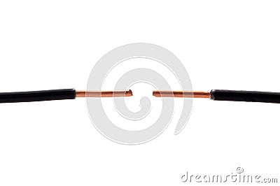 Two ends of black wire facing each other on white Stock Photo