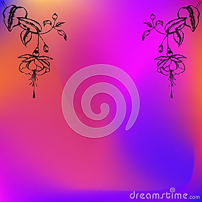 Two Engraved fuchsia flowesr Black silhouette on bright colorful gradient background Stock Photo