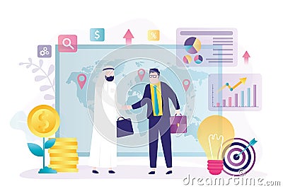 Two entrepreneurs conclude business agreements. Arab sheikh make successful deal with foreign investor Vector Illustration