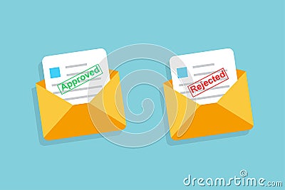Two envelope with approved and rejected letters in flat design Vector Illustration