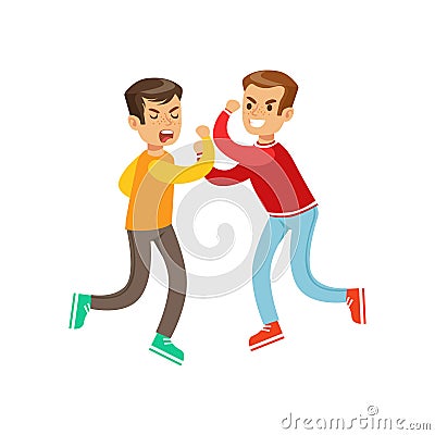 Two Equal Size Boys Fist Fight Positions, Aggressive Bully In Long Sleeve Red Top Fighting Another Kid Who Is Weaker But Vector Illustration