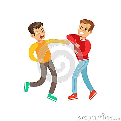 Two Equally Strong Boys Fist Fight Positions, Aggressive Bully In Long Sleeve Red Top Fighting Another Kid Who Is Weaker Vector Illustration