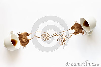 Two espresso cups with hand drawing hand to hand. Helping hands, coffee art or creative concept. Top view Stock Photo