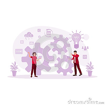 Two IT experts exchange ideas for developing software on a laptop. DevOps Developers concept. Vector Illustration
