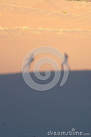 Two explorers on the desert, casting shadows on the sand dunes on a hot, sunny day. Stock Photo