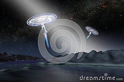 Two extraterrestrial alien spaceships ufo with spotlights above the earth landscape. Stock Photo