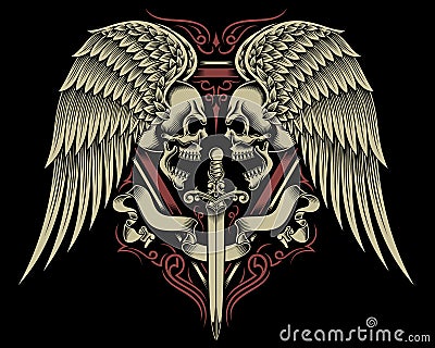 Two Faced Skull With Wings and Sword Vector Illustration