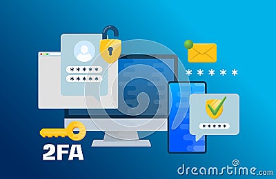 Two factor autentication security illustration. Login confirmation notification with password code envelope message Vector Illustration