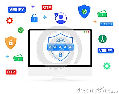 Two Factor Authentication security concept design with Colorful symbols floating around the screen. Secure and one time passcode, Stock Photo