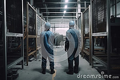 Two factory workers in hard hats and blue overalls are standing in a warehouse. Male manual workers full rear view in a factory, Stock Photo