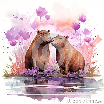 Two fall in love Cute Capybara animal on a watercolor background. Funny pet, Valentines day card Stock Photo