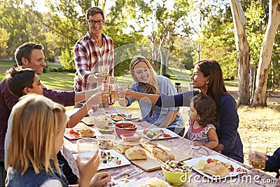 Two families making a toast at picnic at a table in a park Stock Photo