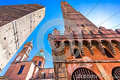 Two famous falling Bologna towers Asinelli and Garisenda, Bologna, Emilia-Romagna, Italy Stock Photo