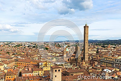 Two famous falling Bologna towers Asinelli and Garisenda. Evening view, Bologna, Emilia-Romagna, Italy Stock Photo