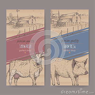 Two farm shop labels with farmhouse, barn, cow and pig. Vector Illustration