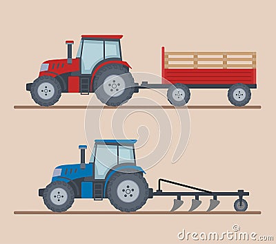 Two farm tractors isolated on beige background. Vector Illustration