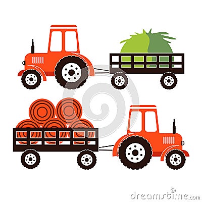 Two farm tractors isolated on white background. Heavy agricultural machinery for field work. Vector Illustration