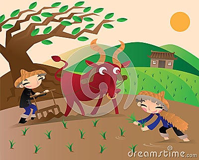 Agriculture in old China Vector Illustration