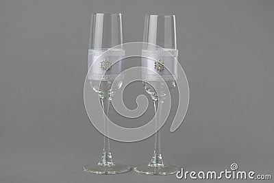 Two fashion decorated wedding wine glasses. Stock Photo