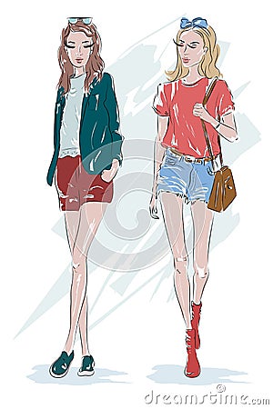 Two fashion girl: blonde and brunette girls. Hand drawn women with accessories. Sketch. Vector Illustration