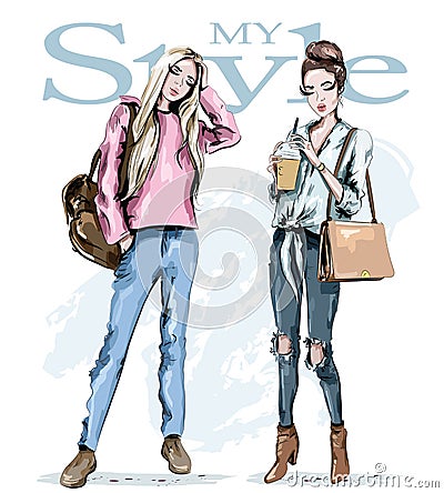 Two fashion girls. Hand drawn stylish beautiful women with bags. Sketch. Vector Illustration