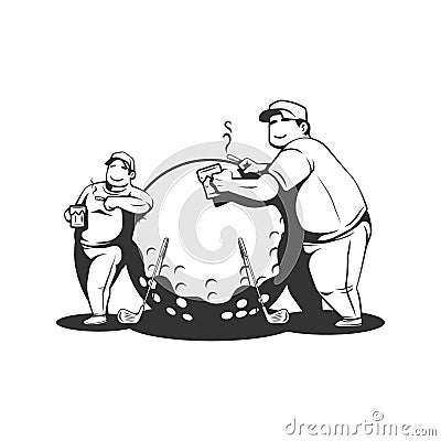 Two fat guys doing golf while drink beer and smoking cigarette. vector illustration Vector Illustration