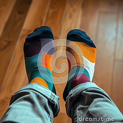 Two feet with colored socks, different trendy colors on the right and left sock. Solidarity to them with Downs syndrome. Stock Photo