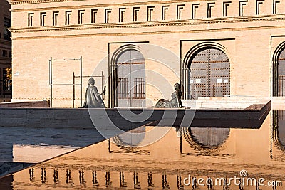 Two female bronze sculptures in Pilar Square, Zaragoza, Spain. Copy space for text. Stock Photo