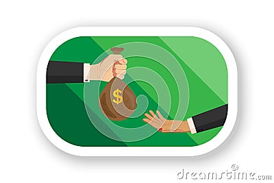 Two female, businesswoman hands in business suits with a bag of money, dollars. Sticker with white outline and shadow Vector Illustration