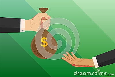 Two female, businesswoman hands in business suits with a bag of money, dollars. Vector horizontal Vector Illustration