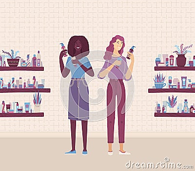 Two female consultants characters comparing skincare beauty products in shop Vector Illustration