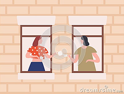 Two female neighbors drinking tea together vector flat illustration. Cartoon woman gossiping through window inside home Vector Illustration