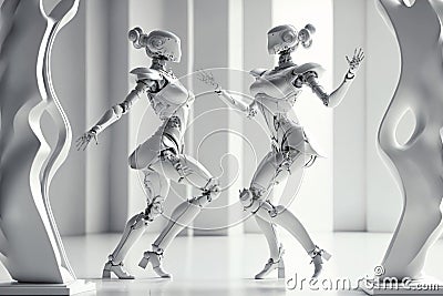 Two female robots dancing. Couple or friends. Artificial intelligence, digital technology. Digital smart world metaverse Stock Photo