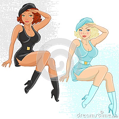 Two female soldiers gives honor. Vector Vector Illustration