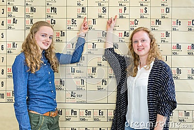 Two female students pointing at periodic table in chemistry less Stock Photo