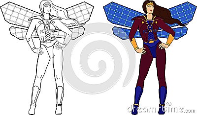 Two female superhero with solar panels wings. Vector Illustration